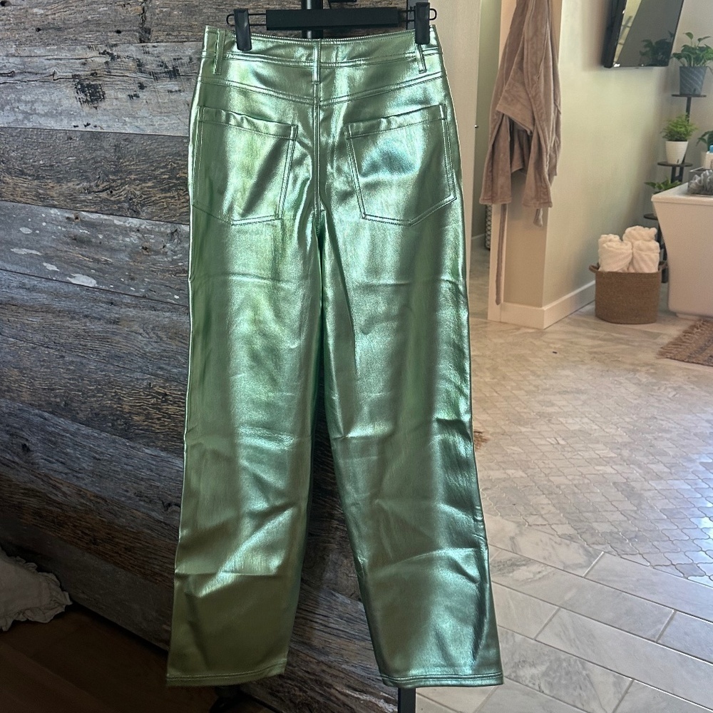 TOPSHOP Metallic Green Faux Leather Pants Straight Leg High Rise Size 4 - Picture 3 of 11